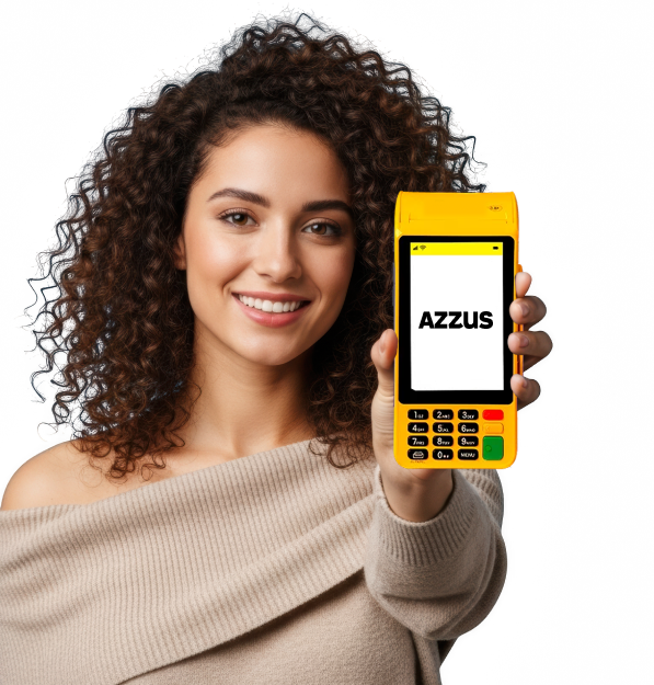 Mulher segurando maquininha Azzus